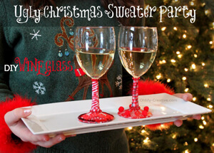 Weinglas dekorieren Ugly Christmas Sweater Party